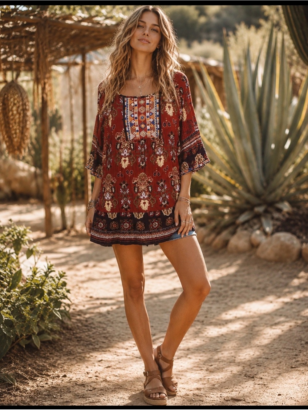 Angie Rust Red Boho Floral Peasant mini dress size large